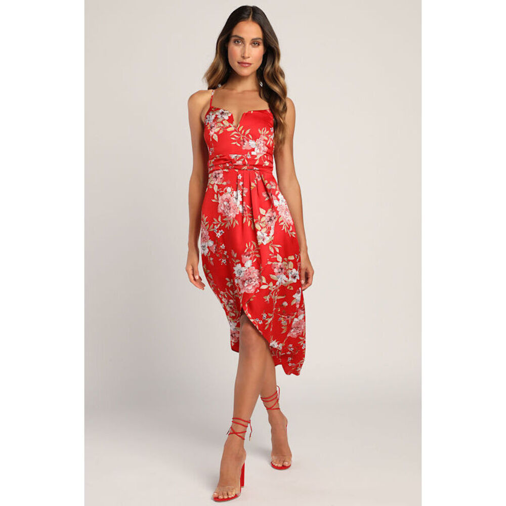 Red Floral Print Tulip Skirt Midi Dress - Size XL